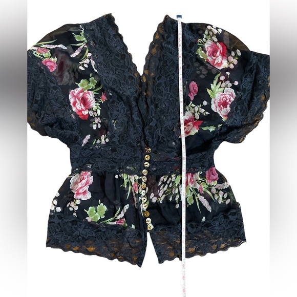 Vintage 90’s style sheer blouses floral & lace scarf retro fun navy green S Y2K - Picture 6 of 9